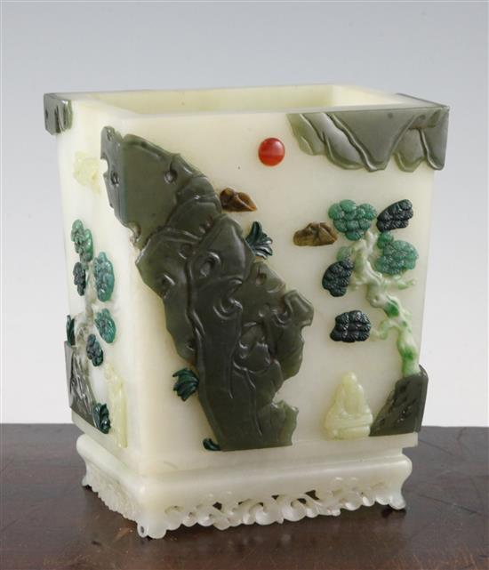 A large Chinese pale celadon jade and hardstone overlaid vase, 16cm high